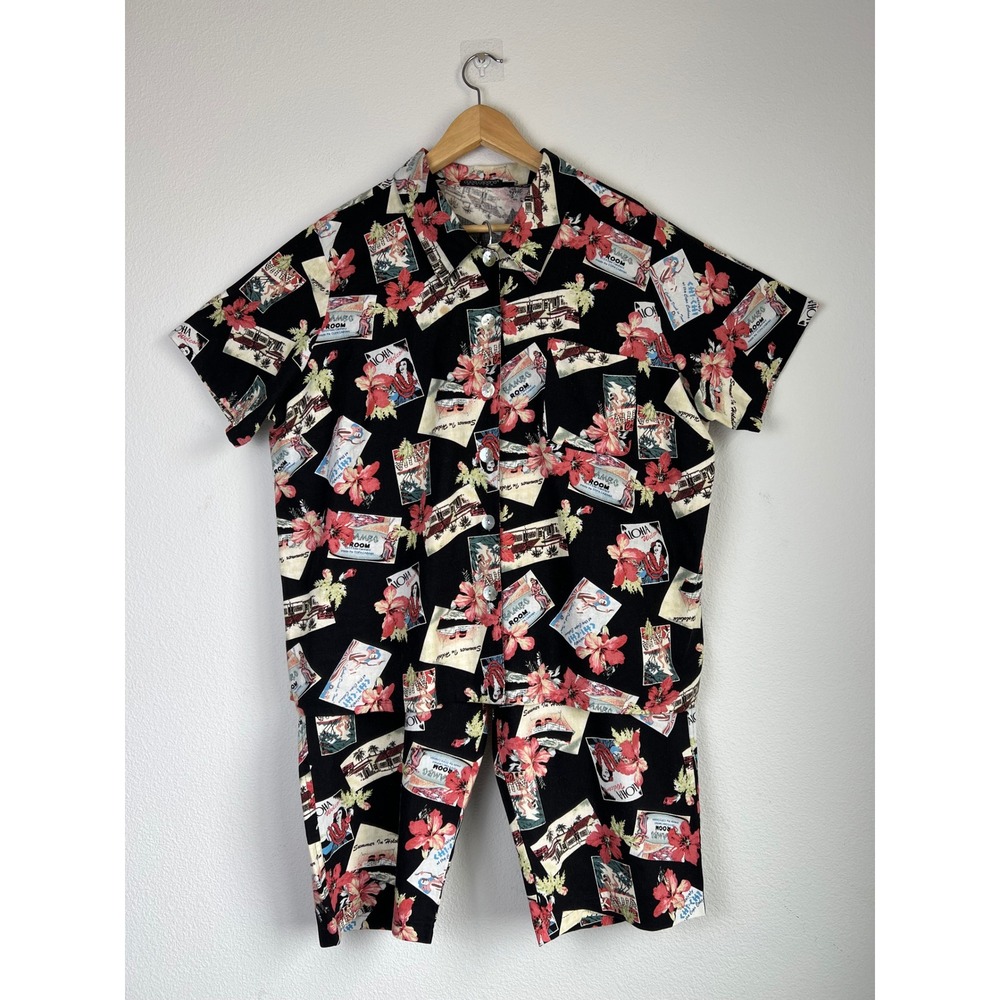 VTG Copa Cabana Tropical Postcard Print Linen Rayon Shirt‎ Capri 2 Pc Set 1X WP